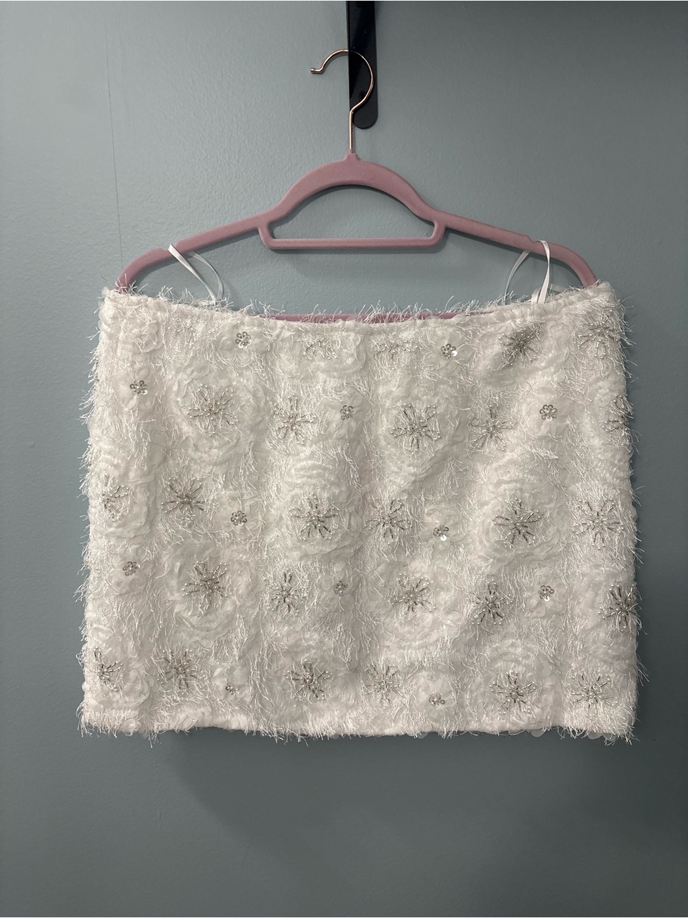 PrettyLittleThing White Beaded Fuzzy Mini Skirt